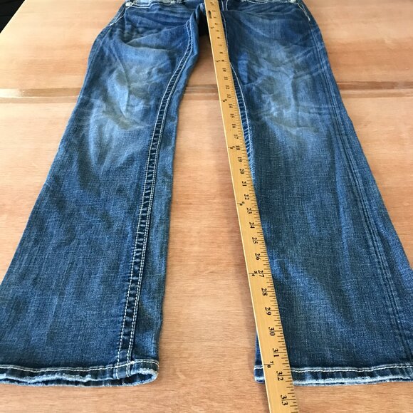 Miss Me Bootcut Jeans Women 31 Blue Low Rise Rhinestone Flap Pocket Thick Stitch - Picture 7 of 16